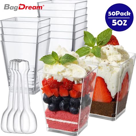 20 Pack Disposable Square Parfait Cups 150Ml Clear Plastic Dessert