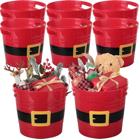 4 Pack Empty Christmas Plastic Buckets With Handles Red Santa Belt Round Basket Ebay