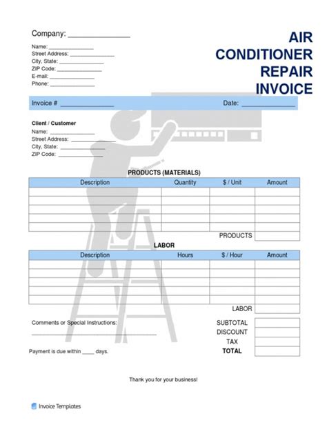 Air Conditioning System Service Invoice Professional Sample Templates