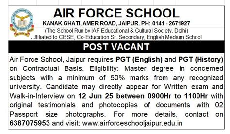Air Force School Jaipur Recruitment 2025 All City Job