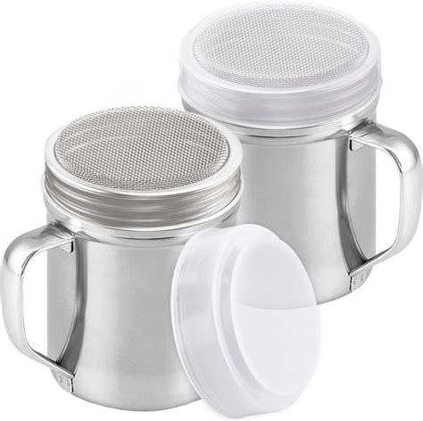 Amazon Com 2 Pcs Powdered Sugar Shaker Duster With Handle Stainless Steel Fine Mesh Shaker Powder Cans With Plastic Lid Sifter Dredge Shaker For Powder Sugar Cinnamon Cocoa Pepper Coffee Flour Salt 6Oz