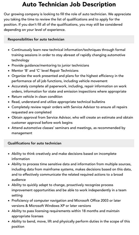 Auto Technician Job Description Velvet Jobs