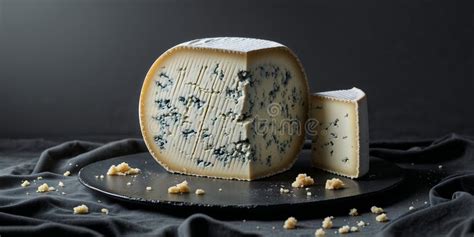 Blue Cheese Wheel And A Slice Displayed On A Dark Surface With Crumbs