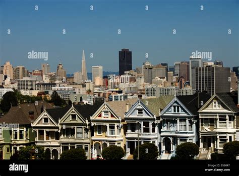 California San Francisco Alamo Square Victorians Juxtaposed Against The