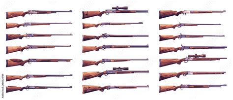 Cartoon Hunting Rifles Icon Set White Background Firearm Illustrations
