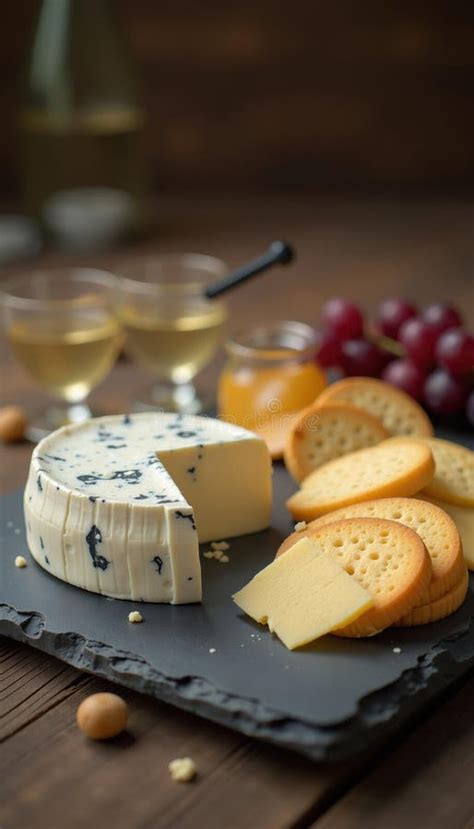 Cheese Board With Cut Blue Cheese Crackers Grapes And Wine National