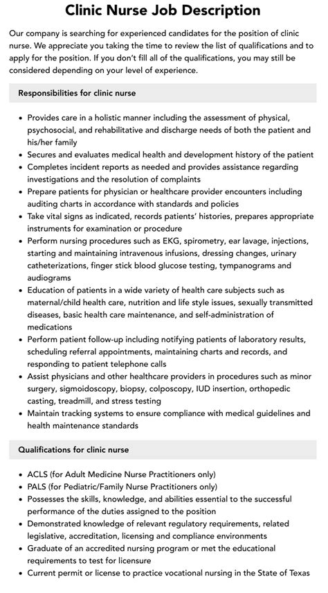 Clinic Nurse Job Description Velvet Jobs