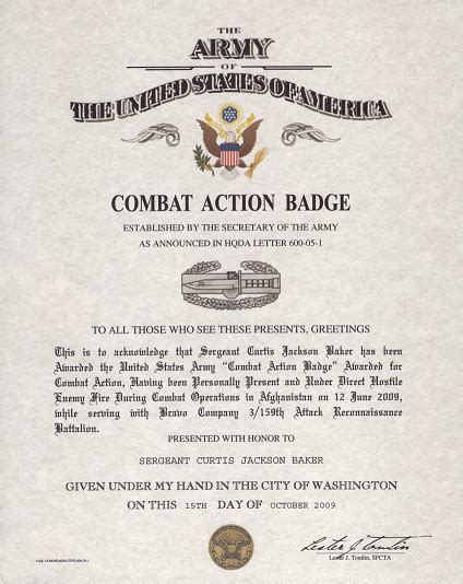 Combat Action Badge Certificate