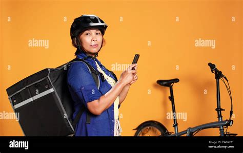 Courier Delivering Food Texting Customer Stock Photo Image Of Upset