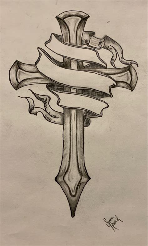 Cross Tattoo Design With Ribbon By Serena Rearick