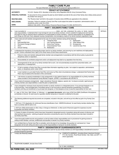 Da Form 5305 Download Fillable Pdf Or Fill Online Family Care Plan 2010 2026 Templateroller
