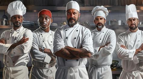 Five Chefs Stand In A Professional Kitchen Arms Crossed Looking