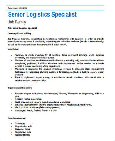 Free 7 Logistics Specialist Job Description Samples In Ms Word Pdf