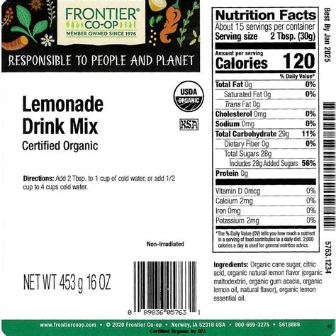 Frontier Co Op Lemonade Drink Mix Organic 1 Lb