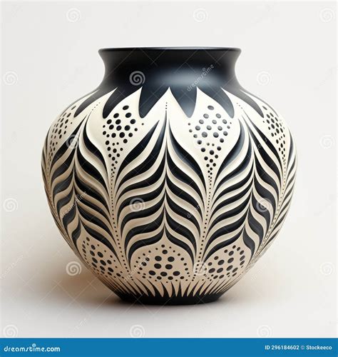 Hand Drawn Ceramics Black And White Vase With Detailed Feather