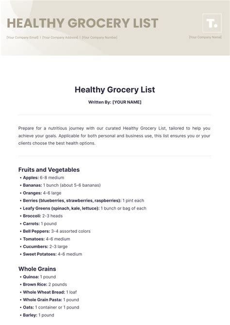 Healthy Grocery List Template