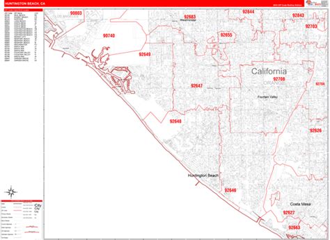 Huntington Beach California Zip Code Wall Map Red Line Style By
