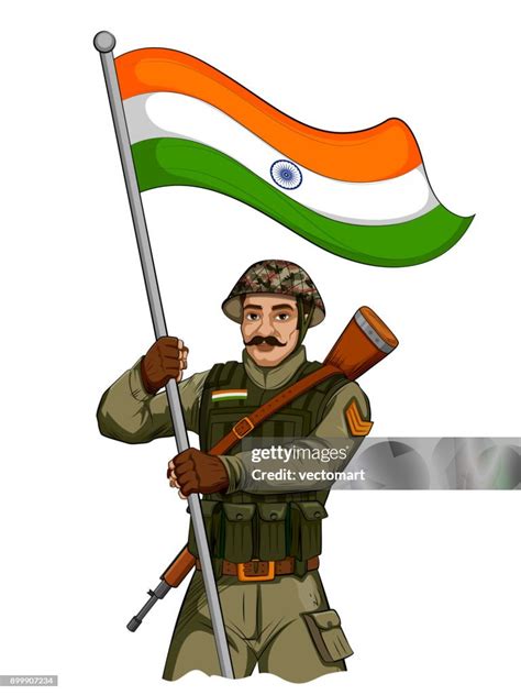 Illustration Indian Army Soilder Holding Falg India Pride Stock Vector