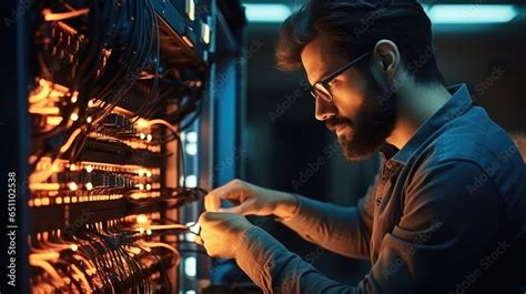 It Professional Male Network Are Connecting Cables In Server Cabinet