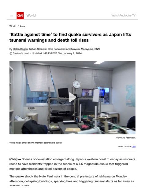 Japan Earthquake Battle Against Time To Find Survivors As Tsunami Warnings Lifted Death Toll Rises Cnn