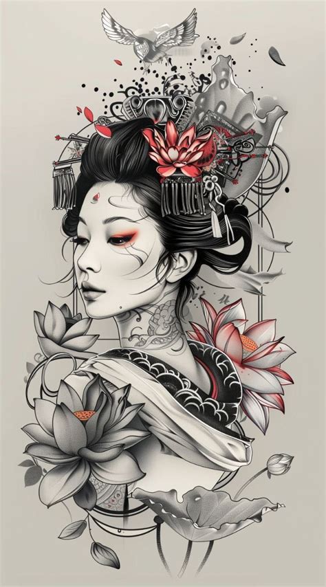 Japanese Geisha And Skull Tattoo Design