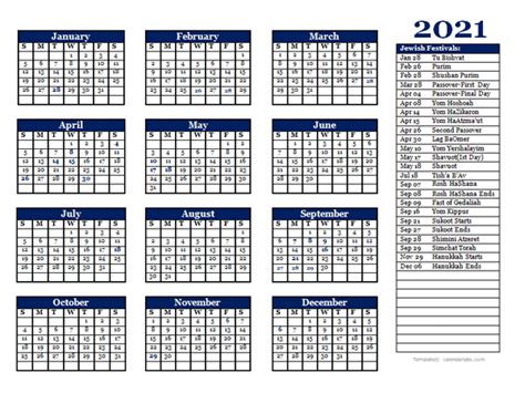 Jewish Holiday Calendar 2021 Calendar Template Printable