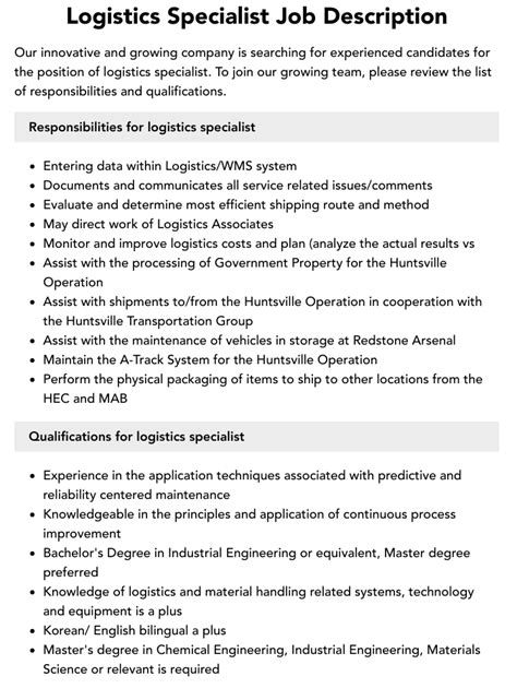 Logistics Specialist Job Description Template Supply Chain Specialist Job Description Logistics Operations Specialist Responsibilities Etsy