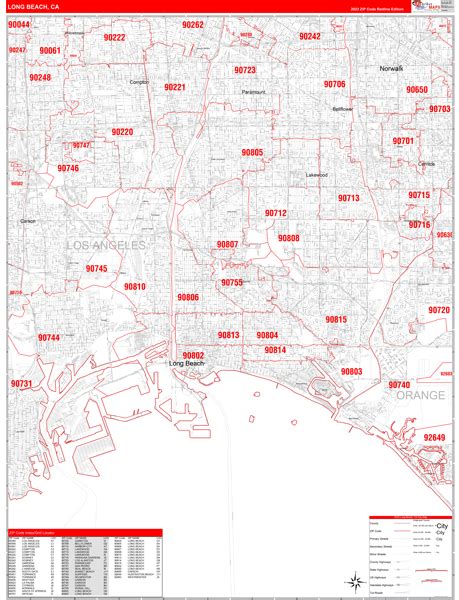 Long Beach California Zip Code Wall Map Red Line Style By Marketmaps