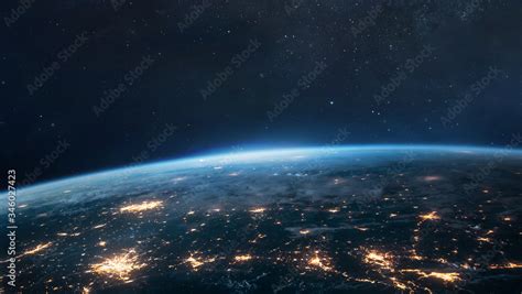 Nightly Planet Earth In Space Orbit Of The Planet City Lights On