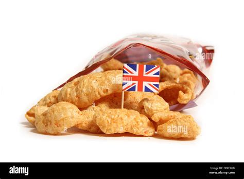 Open Bag Of Fried Pork Skins With Flag Of England Stock Photo Alamy