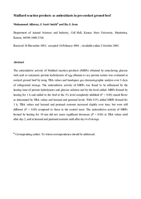 Pdf Maillard Reaction Products As Antioxidants In Pre Cooked Ground Beef