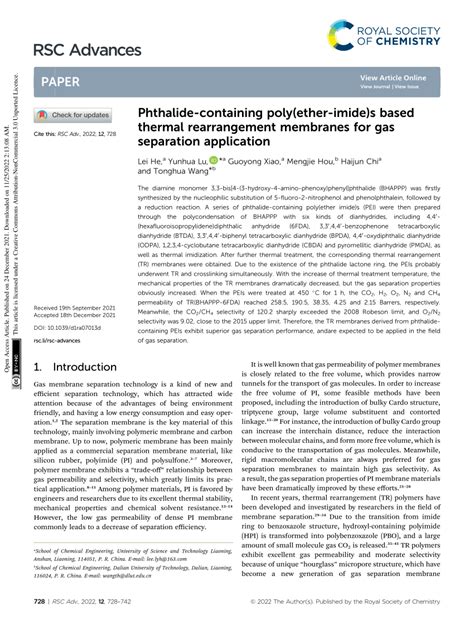 Phthalide Containing Poly Ether Imide S Based Thermal Rearrangement Membranes For Gas Separation Application Rsc Advances Rsc Publishing Doi 10 1039 D1ra07013d