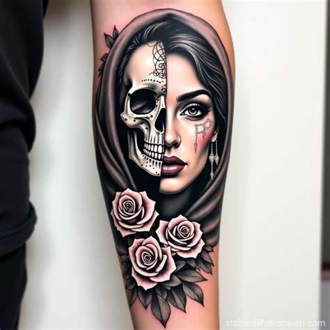 Portrait Of A Woman Half Skull Tattoo Design