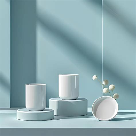 Premium Photo Three Cups On A Shelf On A Blue Wall