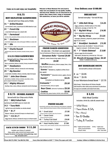 Printable Menu Wheat Mt Bakery Amp Deli