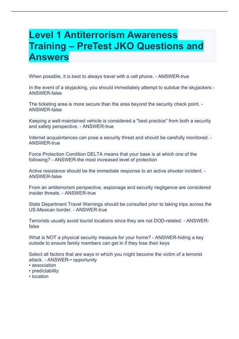 Quizlet Level I Antiterrorism Awareness Traininggames 1 Antterrorsm Tranng Jko Pretest 1 Ant