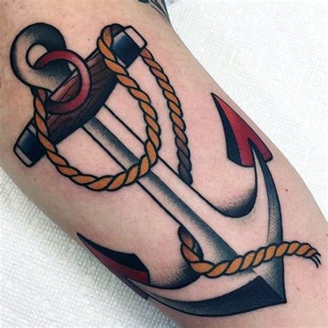 Red And Black Ink Guys Nautical Traditional Anchor Arm Tattoos
