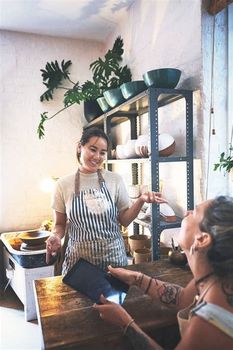 Small Business Smile And Women On Tablet At Pottery Shop On Social