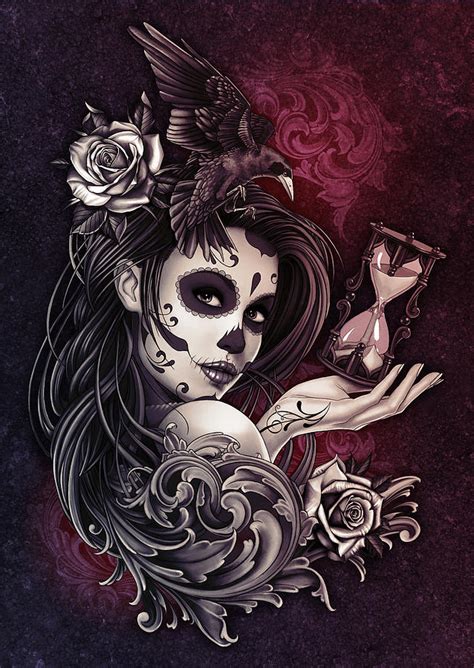 Tattoo Style Sugar Skull Girl With Bird Art Print