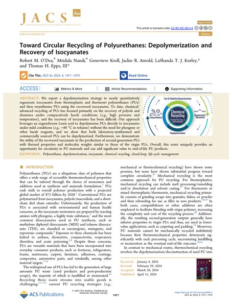 Toward Circular Recycling Of Polyurethanes Depolymerization And Recovery Of Isocyanates Jacs Au