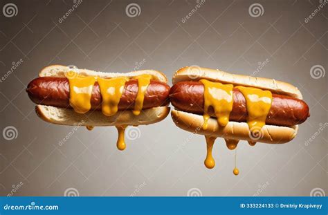 Two Hotdogs With Mustard Dripping On White Background Stock
