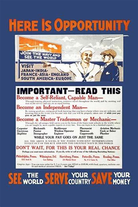 U S Navy Recruitment Poster Showing A Sailor Pointing To A Billboard While Encouraging A Young Man To Join The Navy And See The World Also Includes List Of Occupations Available In The