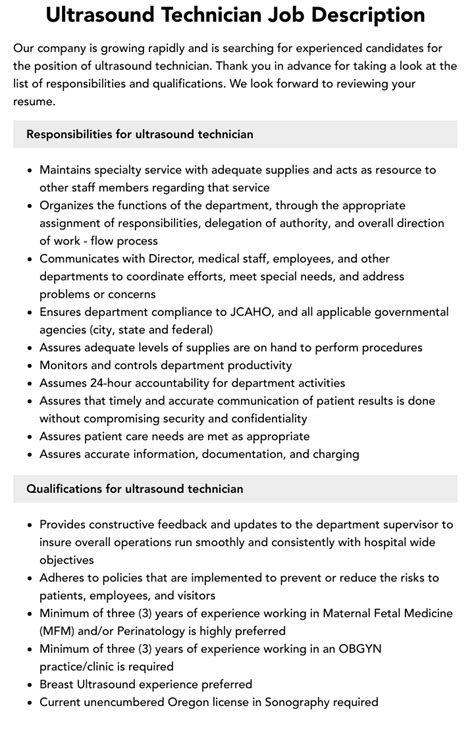 Ultrasound Technician Job Description