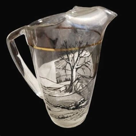 Unmarked Dining Clear Glass Frosted Pitcher Vtg Blk Transfer Trees