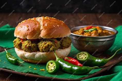 Vada Pav With Whole Green Chilies As A Side Premium Ai Generated Image