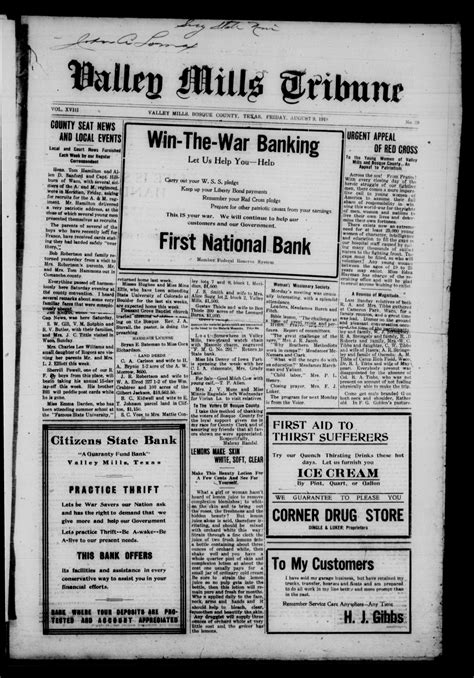 Valley Mills Tribune Valley Mills Tex Vol 18 No 26 Ed 1 Friday July 19 1918 The Portal To Texas History