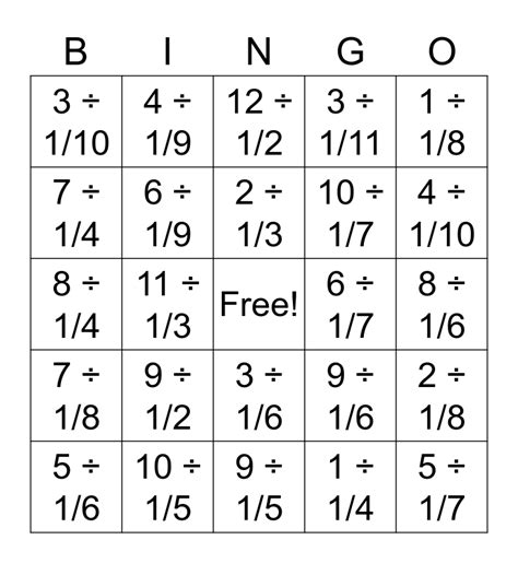Whole Number Divided By Fraction Bingo Card