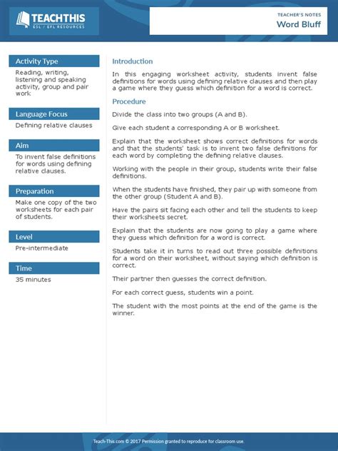 Word Bluff Pdf English As A Second Or Foreign Language Human